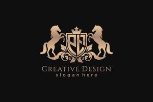 initial PT Retro golden crest with shield and two horses, badge template with scrolls and royal crown - perfect for luxurious branding projects vector