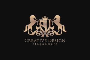 initial PU Retro golden crest with shield and two horses, badge template with scrolls and royal crown - perfect for luxurious branding projects vector