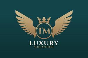 Luxury royal wing Letter TM crest Gold color Logo vector, Victory logo, crest logo, wing logo, vector logo template.