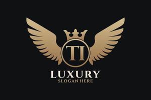 Luxury royal wing Letter TI crest Gold color Logo vector, Victory logo, crest logo, wing logo, vector logo template.