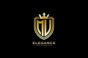 initial MU elegant luxury monogram logo or badge template with scrolls and royal crown - perfect for luxurious branding projects vector