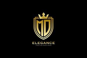 initial MO elegant luxury monogram logo or badge template with scrolls and royal crown - perfect for luxurious branding projects vector