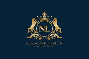 initial NL Retro golden crest with circle and two horses, badge template with scrolls and royal crown - perfect for luxurious branding projects vector