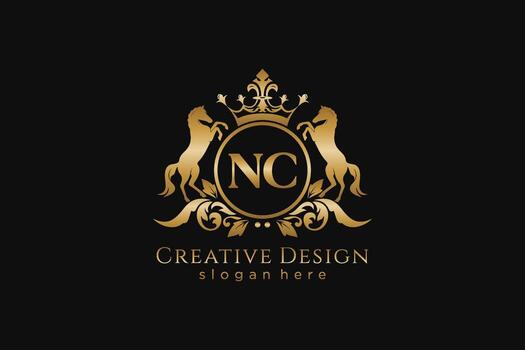 initial NC Retro golden crest with circle and two horses, badge template with scrolls and royal crown - perfect for luxurious branding projects vector
