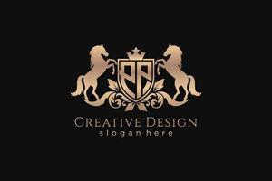 initial PP Retro golden crest with shield and two horses, badge template with scrolls and royal crown - perfect for luxurious branding projects vector