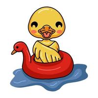 Cute little duck cartoon floating on pool ring inflatable vector