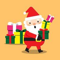 Santa Claus with Gift Boxes of Christmas Gifts, Cute Santa Claus Christmas Character, Merry Christmas Design Elements, Vector illustration isolated on Orange Background.