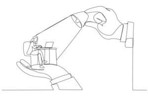 Drawing of big hands holding businesswoman and lighting on the top, metaphor for control, support and coordination. Single continuous line art style vector
