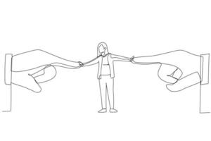 Cartoon of businesswoman resisting pressure from two pointing giant hand. One line style art vector