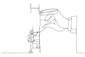 Illustration of businesswoman climbing up to top of broken ladder with huge helping hand to connect to reach higher. Single line art style vector