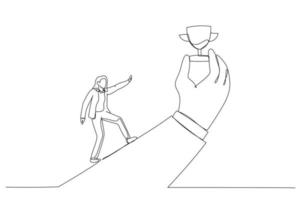 Drawing of businesswoman run with full effort to reach trophy cup in giant hand. Metaphor for motivation to achieve goal, small win to motivate employee. Continuous line art style vector