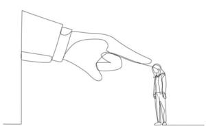 Cartoon of giant hand angry points a finger at businesswoman employee. Metaphor for job reduction or dismissal. One line art style vector