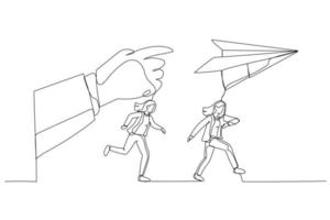 Illustration of businesswoman run to paper plan. Metaphor for follow instruction. Single line art style vector