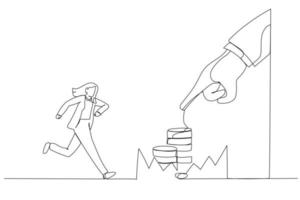 Cartoon of businesswoman running to catch the coin money in the steel bear trap. Metaphor for greed, financial risk and bad decision. One continuous line art style vector