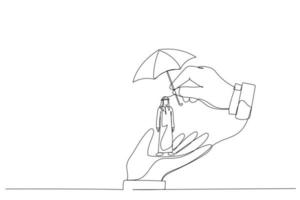 Drawing of boss hand holding tiny arab businessman workers. Metaphor for employee care and protection at workplace. Single line art style vector