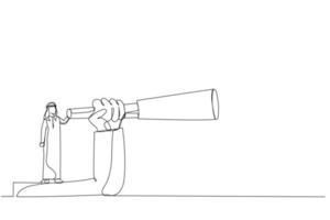 Illustration of arab businessman climbed onto the giant arm to vision the distance. One line art style vector