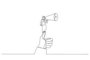 Drawing of arab man holding a megaphone standing on a huge thumb, metaphor for leader speech. Single line art style vector