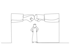 Illustration of arab businessman watching two giant fist clashed. One line art style vector
