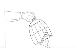 Drawing of giant hand capturing a running arab businessman with birdcage. Single line art style vector