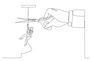 Drawing of businesswoman climbing on rope meanwhile a giant hand with scissors cutting the rope. Continuous line art style vector