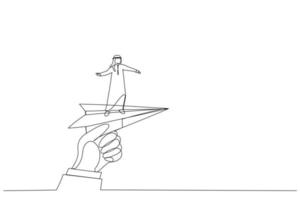 Cartoon of huge hand holding paper plane and take off with arabian man. Continuous line art style vector