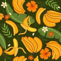 Seamless pattern with bananas, leaves and flowers. Vector graphics.