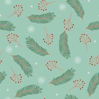 Seamless Christmas pattern with berries, snowflakes and fir branches. Vector graphics.