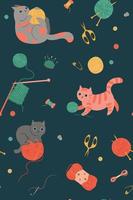 Seamless pattern with cute cats and needlework tools. Vector graphics.