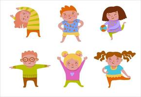Kids do sport and gymnastics exercises, flat vector illustration isolated on white background. Set of healthy boys and girls during fitness or yoga workout.
