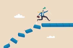 Survive and success in crisis, taking risk to thrive and succeed, courage or confidence to achieve target, effort to overcome challenge concept, businessman jumping on collapse bridge to reach target. vector