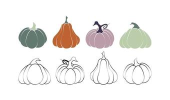 un conjunto de calabazas en varias formas, delineadas en negro y coloreadas. colección de vectores de lindas calabazas dibujadas a mano sobre fondo blanco. elementos para el diseño decorativo de otoño, invitación de halloween, cosecha