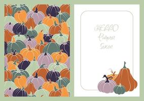 Postcard with pumpkins for the autumn event. Abstract background of autumn nature. Artistic natural banner design. Seamless pattern. vector