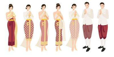Thai wedding couple greeting Sawasdee in traditional dress eps10 vectors illustration