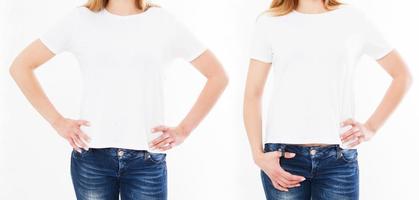 set front views woman in tshirt isolated on white background photo