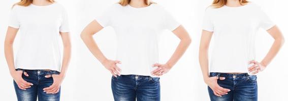 Conjunto de camiseta, collage de tres mujeres en camiseta aislado sobre fondo blanco, camiseta de niña, en blanco foto