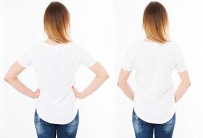 set back views two women in t shirt isolated on white background,collage girl in tshirt,blank,template photo