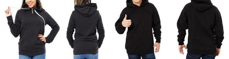 Front back and rear black sweatshirt view. Beautiful black female and male body in template clothes for print and copy space isolated on white background. Mock up photo