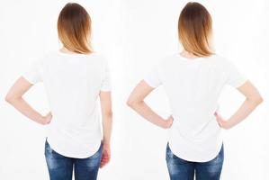 vistas traseras camiseta de dos mujeres aislada en fondo blanco,chica con camiseta simulada foto