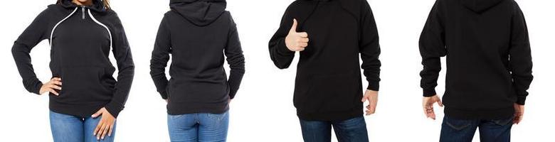 female and male hoodie mock up isolated - hood set front and back view, girl and man in empty black pullover photo