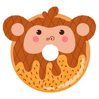donut de mono lindo, dulces sabrosos para niños en estilo infantil de dibujos animados aislado sobre fondo blanco, elemento para panadería vector