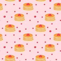 Stack of pancakes on plate pattern with berries on pink background, cute food ornament for menu design vector