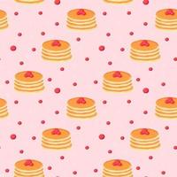 Stack of pancakes on plate pattern with berries on pink background, cute food ornament for menu design vector