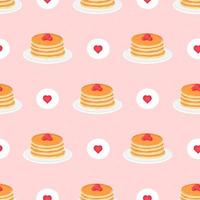 Stack of pancakes with berries on plate pattern with hearts on pink background, cute food ornament for menu design vector