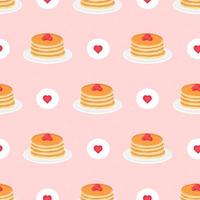 Stack of pancakes with berries on plate pattern with hearts on pink background, cute food ornament for menu design vector