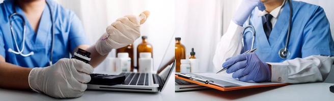 Double exposure of technology healthcare And Medicine concept. Doctors using digital tablet and modern virtual screen interface icons panoramic banner, blurred background. photo
