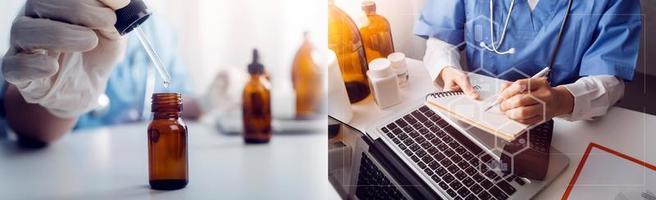 Medicine doctor hand working on a patients x-ray scans digital healthcare and connection with modern virtual screen interface icons, Medical technology and network concept. photo