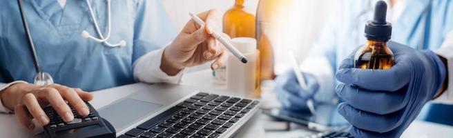 Double exposure of technology healthcare And Medicine concept. Doctors using digital tablet and modern virtual screen interface icons panoramic banner, blurred background. photo