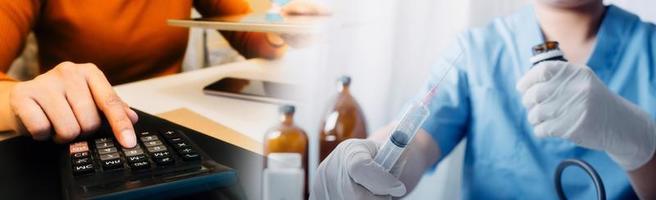 Double exposure of technology healthcare And Medicine concept. Doctors using digital tablet and modern virtual screen interface icons panoramic banner, blurred background. photo
