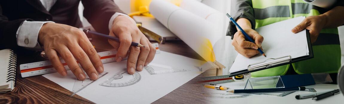 Two colleagues discussing data working and tablet, laptop with on on architectural project at construction site at desk in office photo