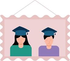 A boy and girl graduation photo hangs on the wall. vector